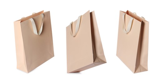 Beige shopping bag isolated on white, different sides