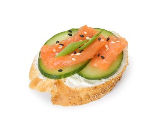 Photo of Tasty canape with salmon, cucumber and cream cheese isolated on white