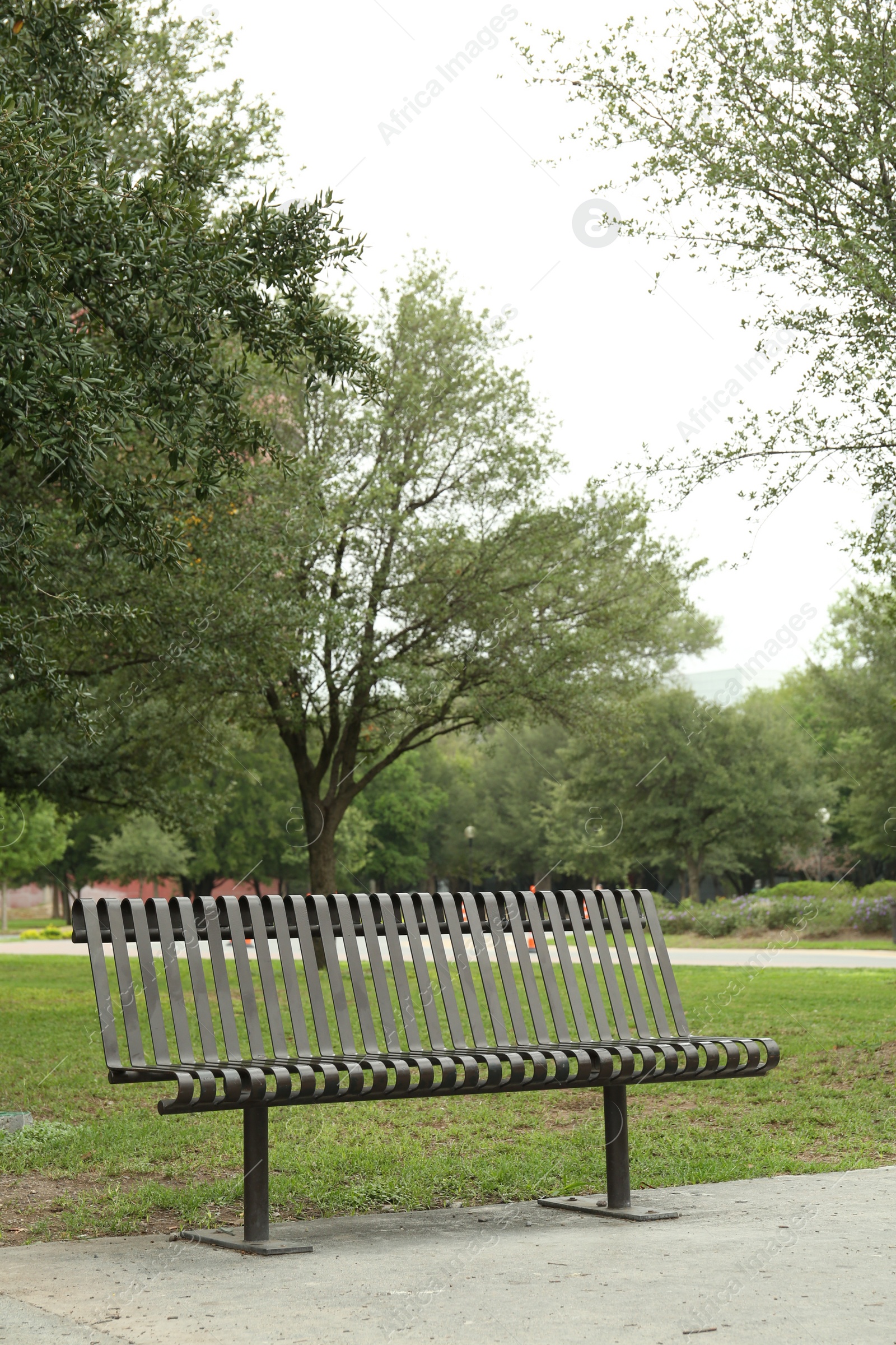 Photo of Stylish metal bench in park on sunny day