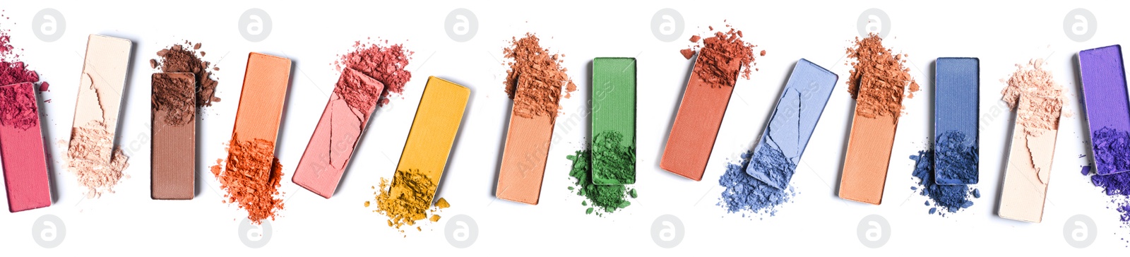 Image of Set of different crushed eye shadows on white background, top view. Bright palette