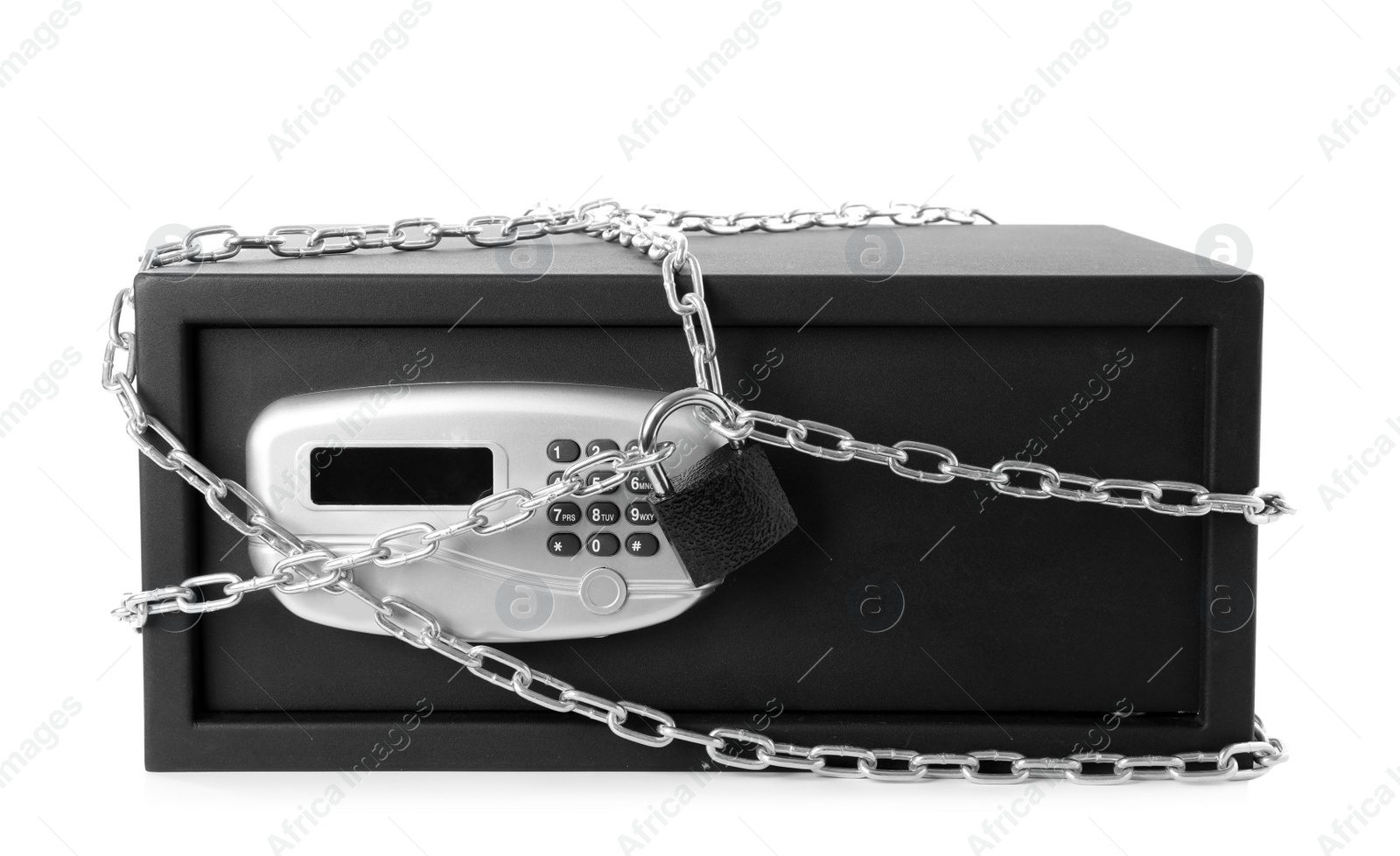 Photo of Black steel safe with chain and padlock isolated on white