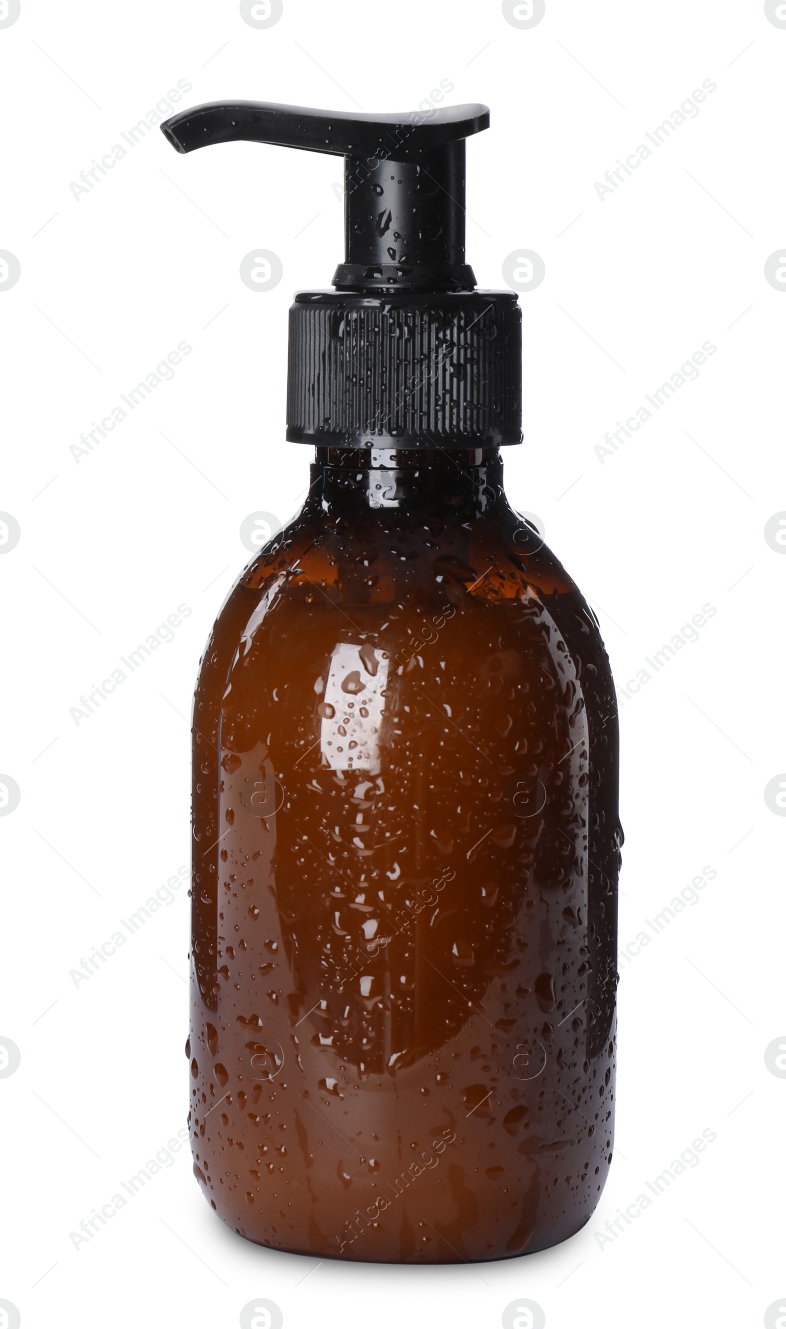 Photo of Dispenser bottle with water drops isolated on white. Men's cosmetics