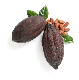 Photo of Composition with cocoa pods on white background, top view