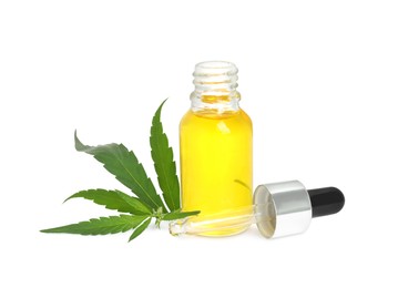 Photo of Bottle of hemp oil and leaves on white background