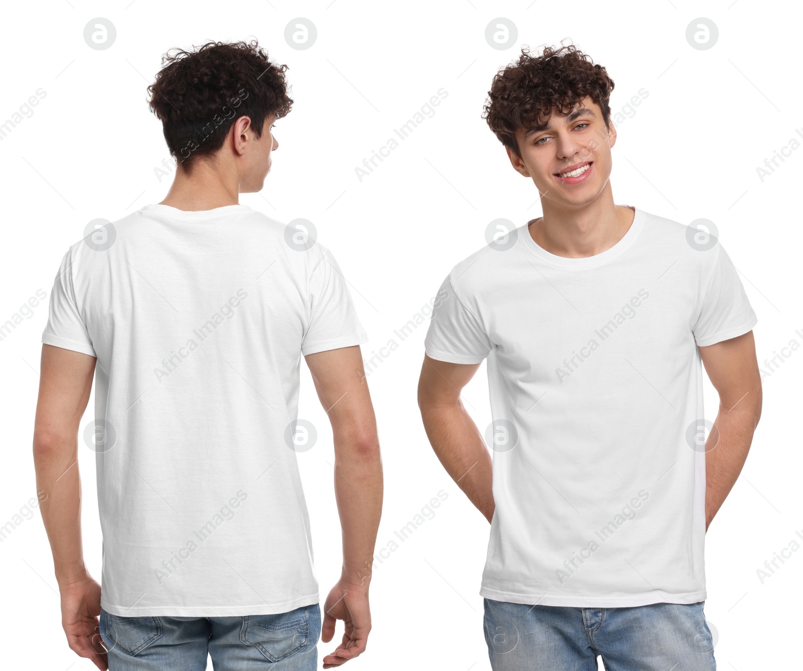 Image of Collage with photos of man in stylish t-shirt on white background, back and front views. Mockup for design