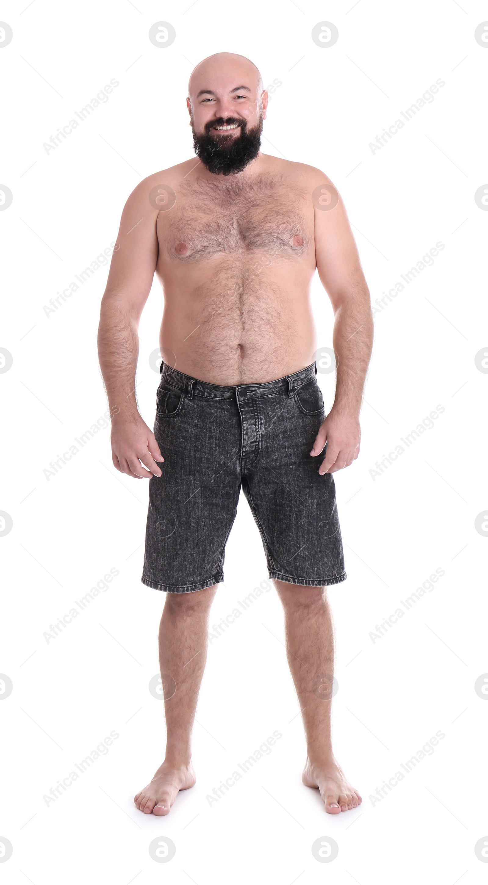 Photo of Full length portrait of fat man on white background. Weight loss