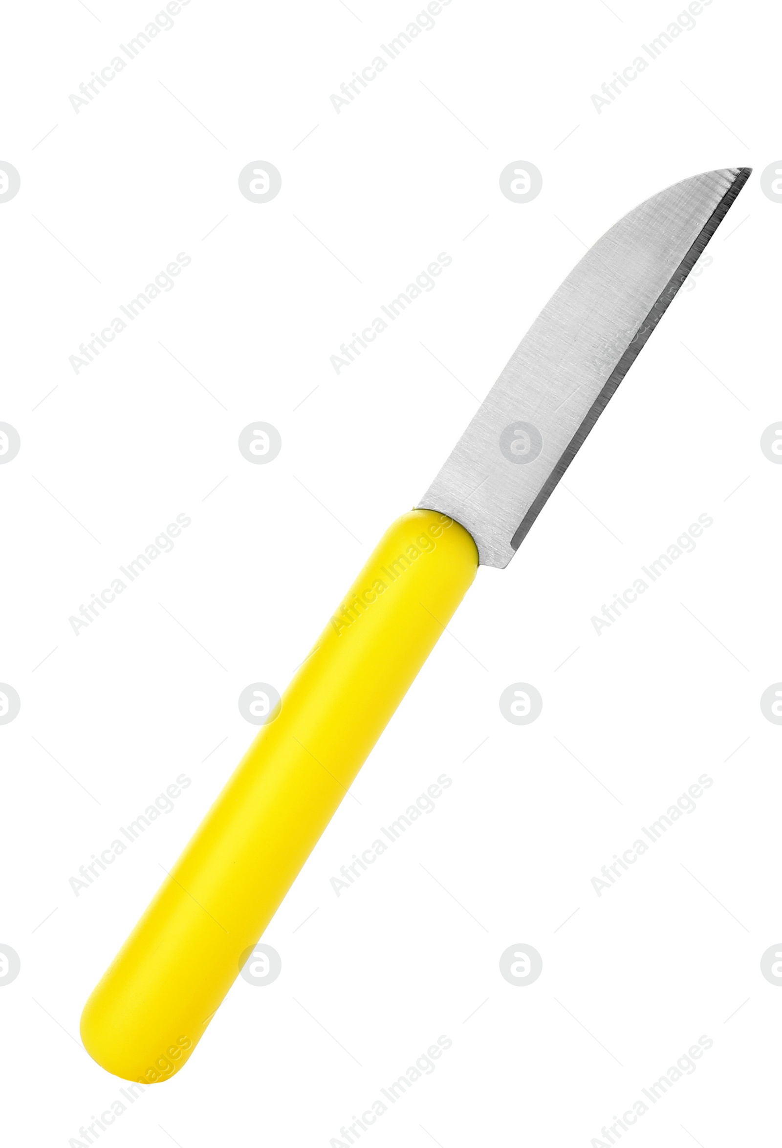 Photo of Paring knife with yellow handle isolated on white