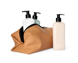 Photo of Preparation for spa. Compact toiletry bag and different cosmetic products on white background