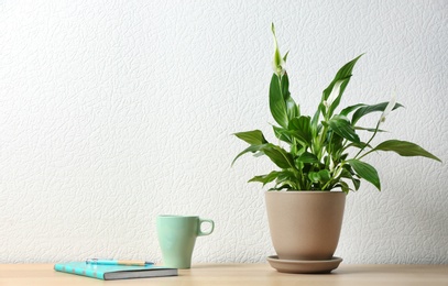 Photo of Potted peace lily plant, cup and notebook on wooden table near white wall. Space for text