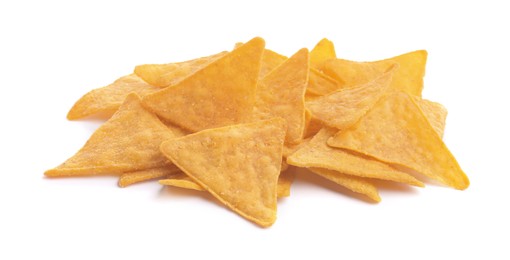 Tasty tortilla chips (nachos) on white background