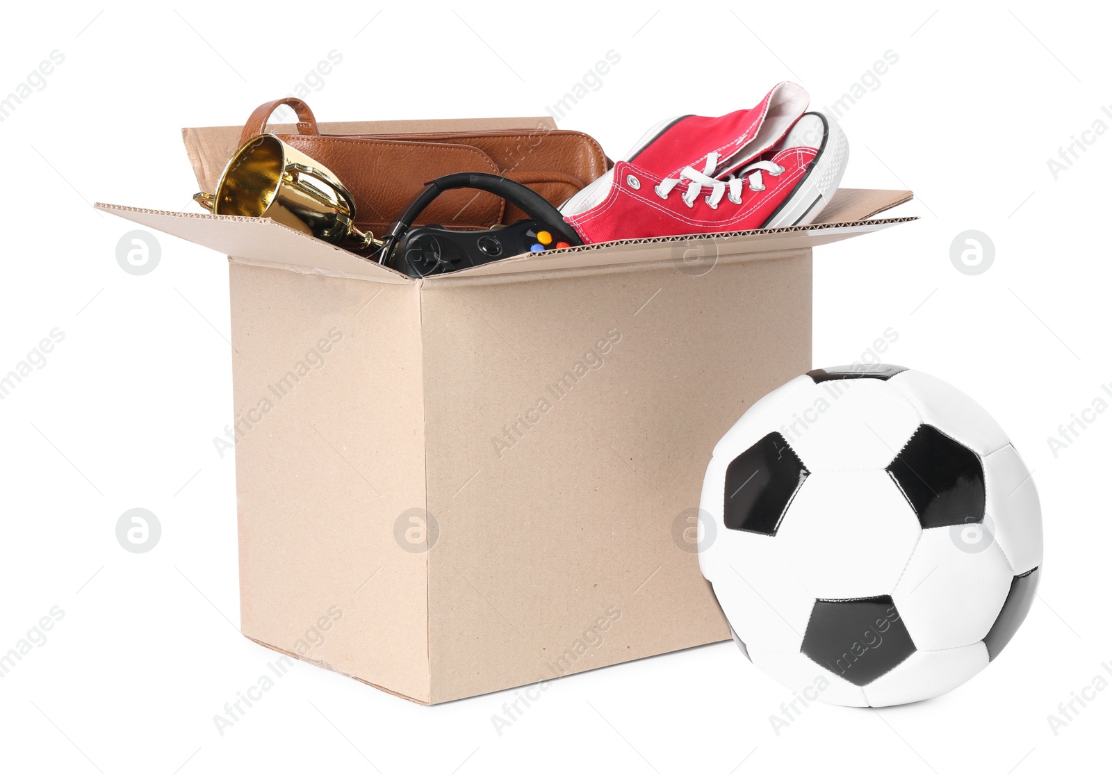 Photo of Box with unwanted stuff isolated on white