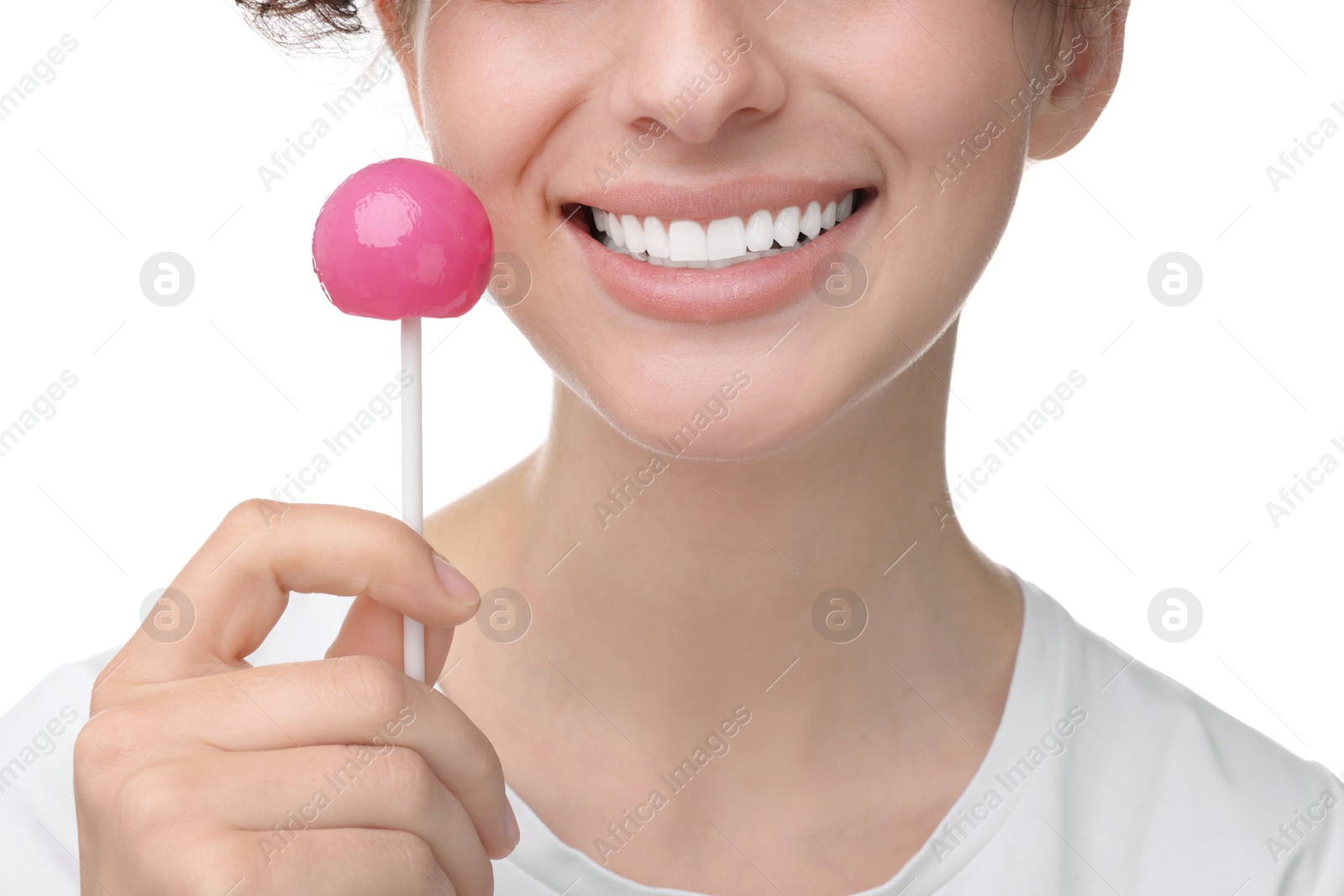 Photo of Woman with lollipop on white background, closeup