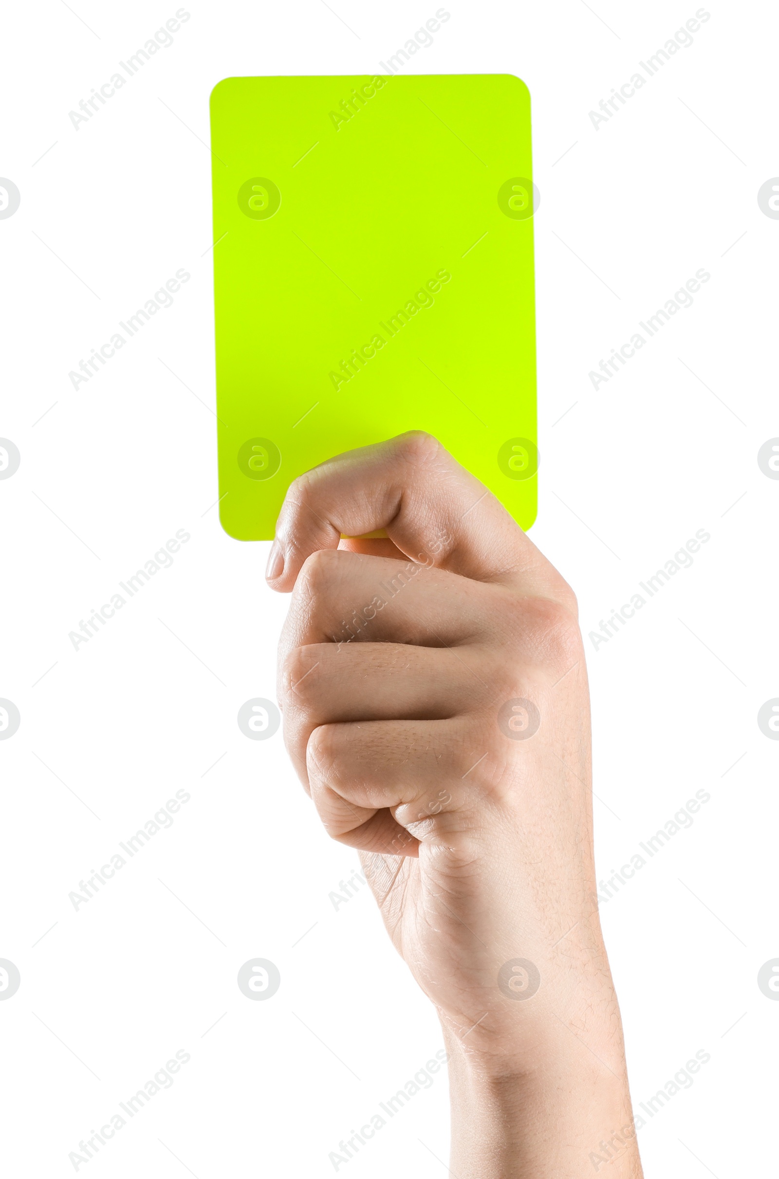 Photo of Referee holding yellow card on white background, closeup