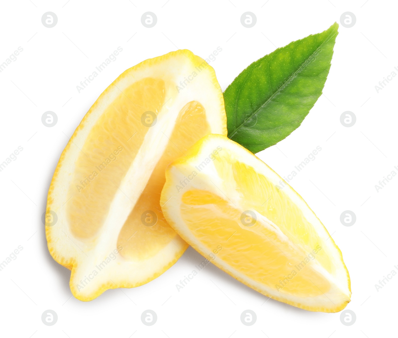 Photo of Pieces of ripe lemon with green leaf isolated on white, top view