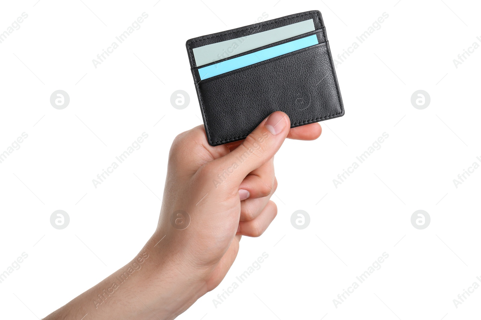 Photo of Man holding leather business card holder with colorful cards on white background, closeup