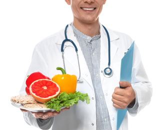 Photo of Nutritionist with healthy products on white background, closeup
