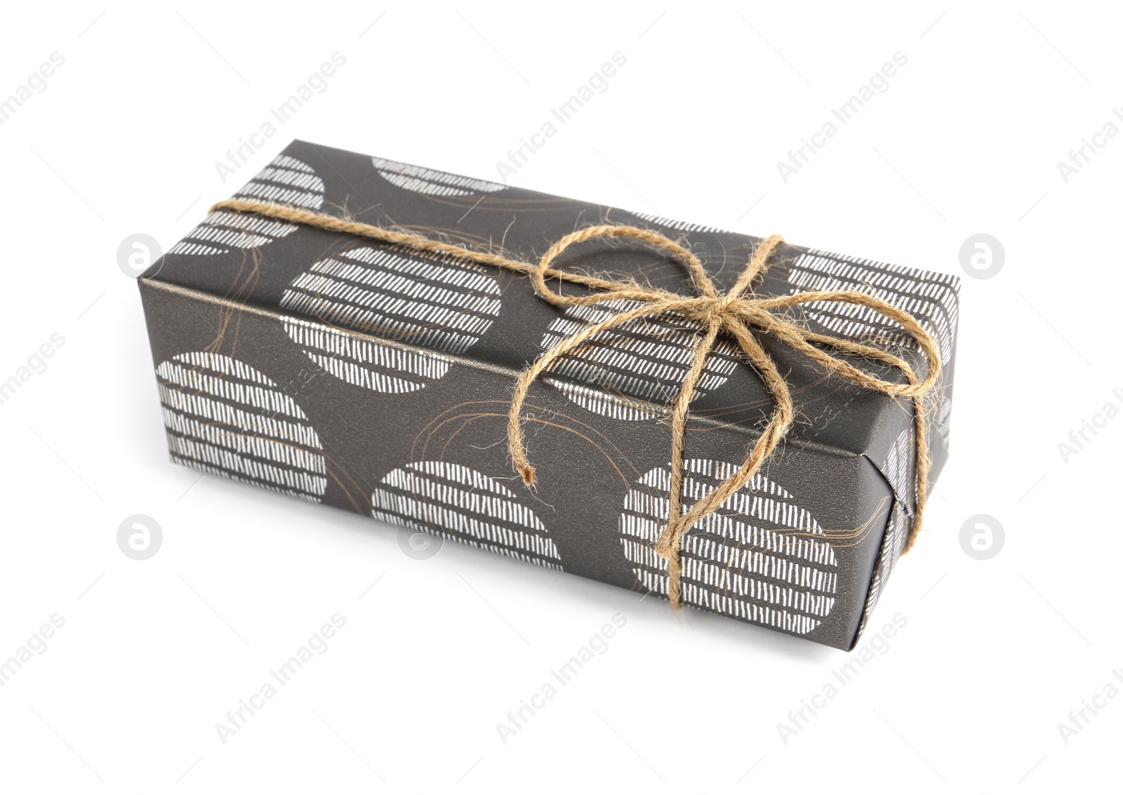 Photo of Beautiful gift box with twine on white background