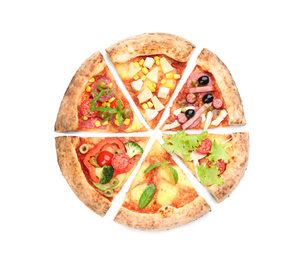 Photo of Slices of different delicious pizzas on white background, top view