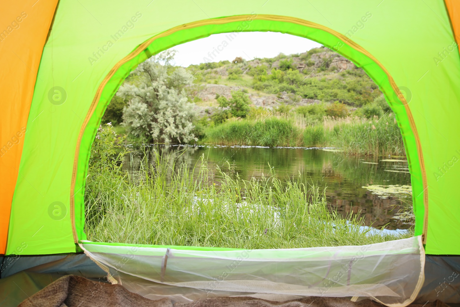 Photo of Green grass and picturesque pond, view from camping tent