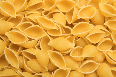 Raw conchiglie pasta as background, top view