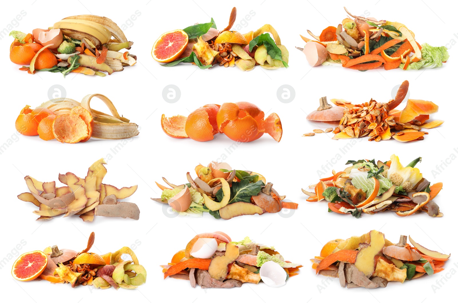 Image of Set with organic waste for composting on white background 