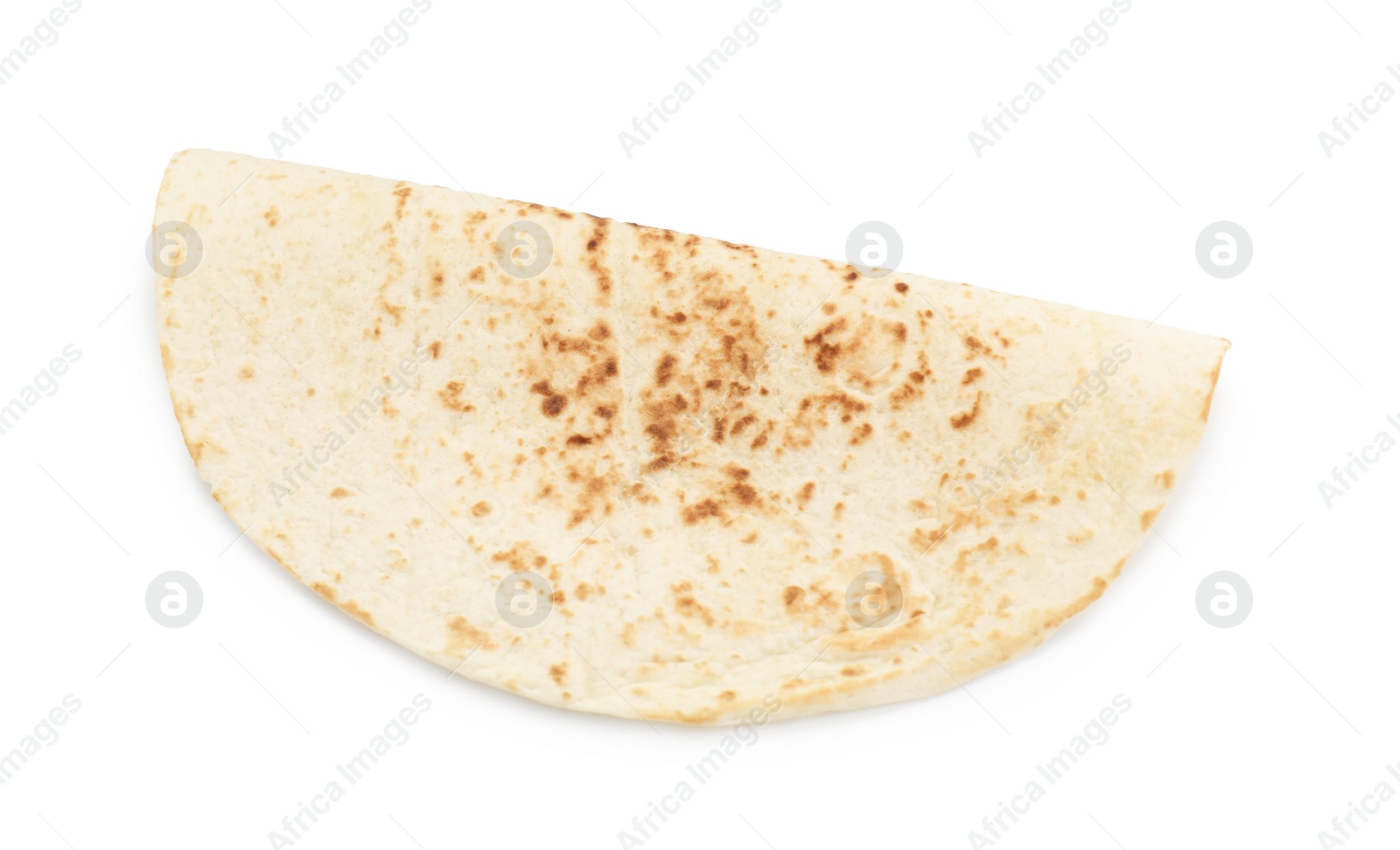 Photo of One tasty homemade tortilla isolated on white, top view