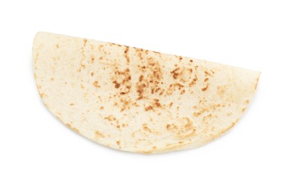 Photo of One tasty homemade tortilla isolated on white, top view