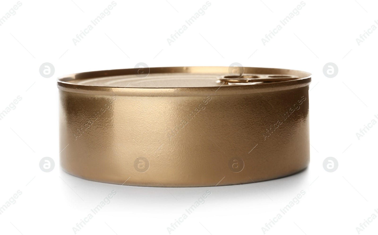 Photo of Mockup of tin can with food on white background