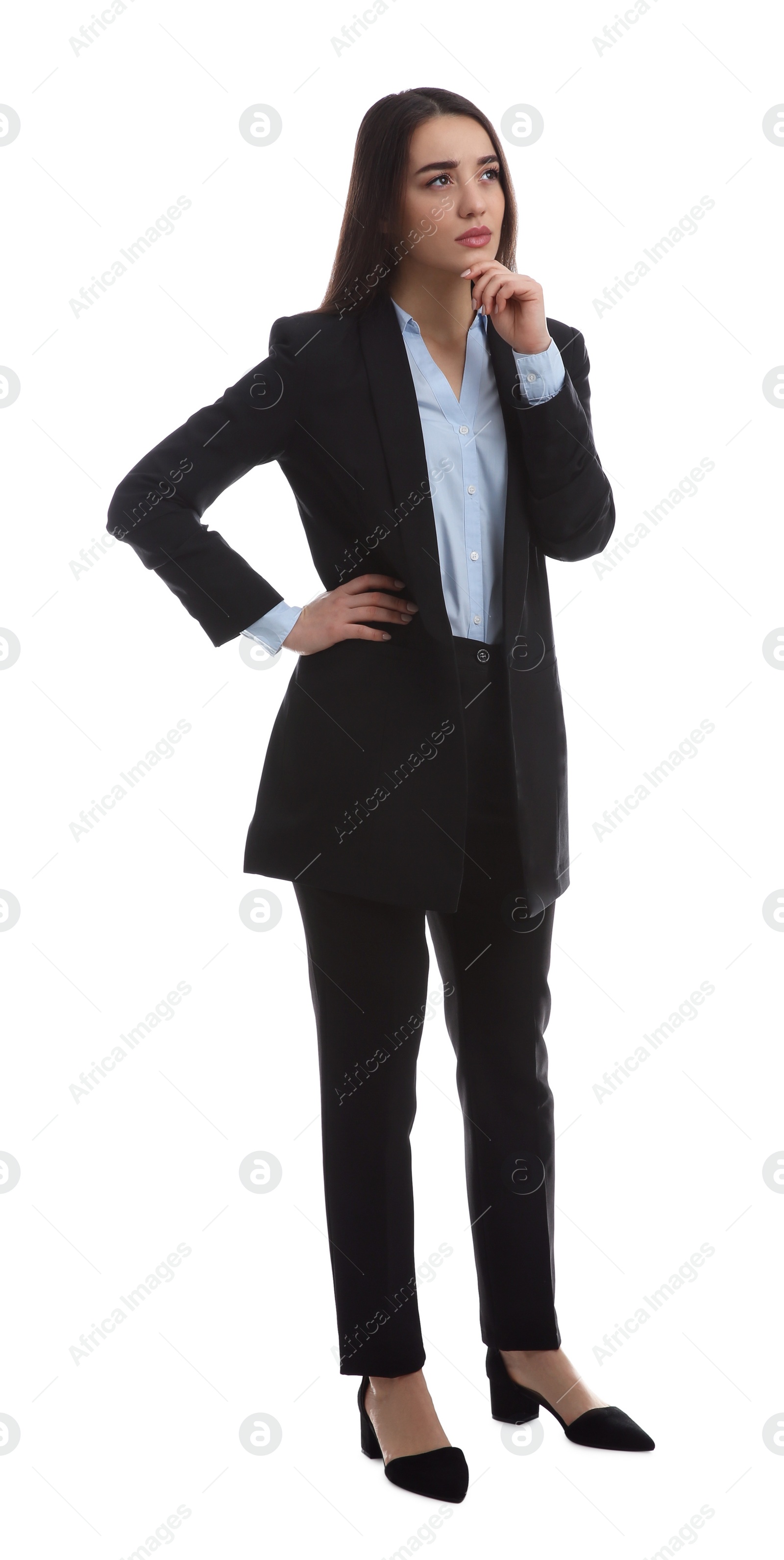 Photo of Young thoughtful businesswoman in elegant suit on white background