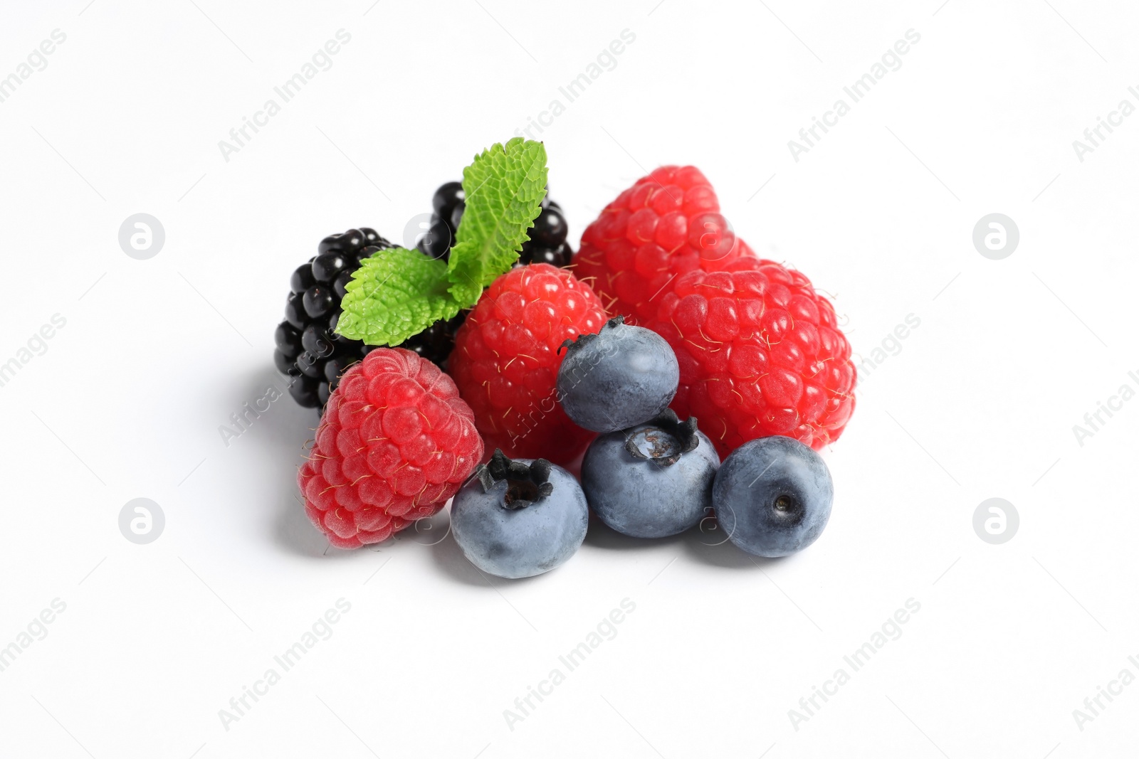 Photo of Raspberries, blackberries and blueberries on white background