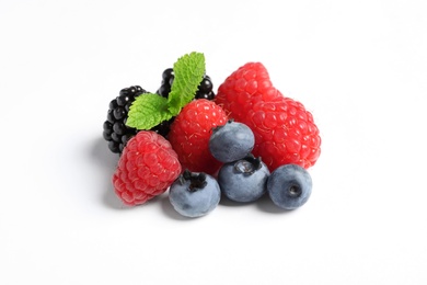 Photo of Raspberries, blackberries and blueberries on white background