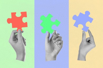 Hands with pieces of jigsaw puzzle on different colors background. Stylish art collage