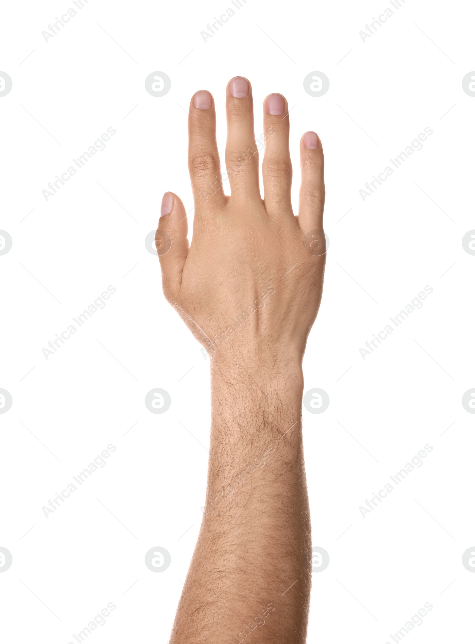 Photo of Man against white background, closeup of hand