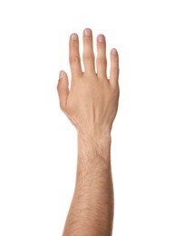 Photo of Man against white background, closeup of hand