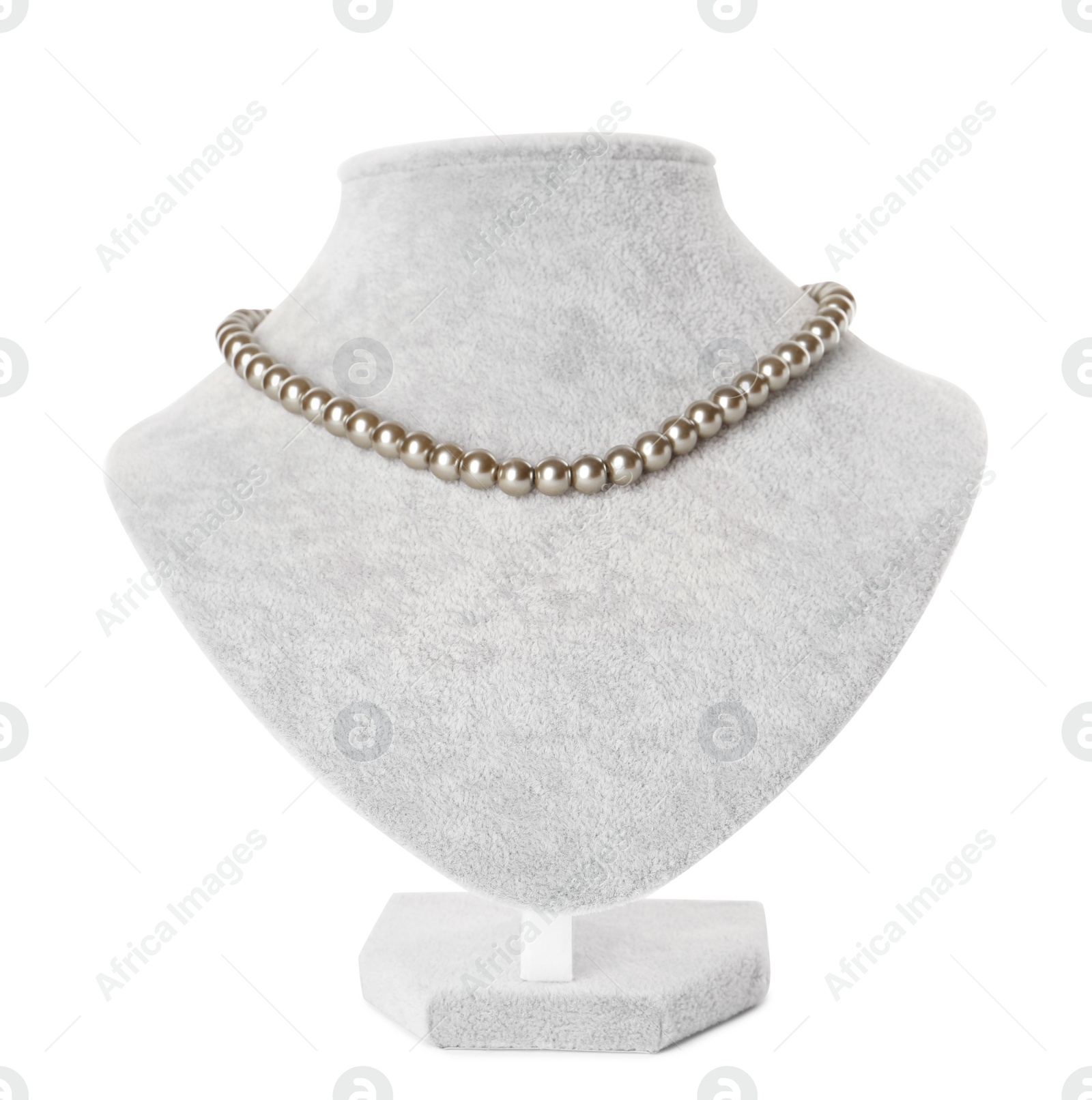 Photo of Stylish pearl necklace on jewelry bust against white background