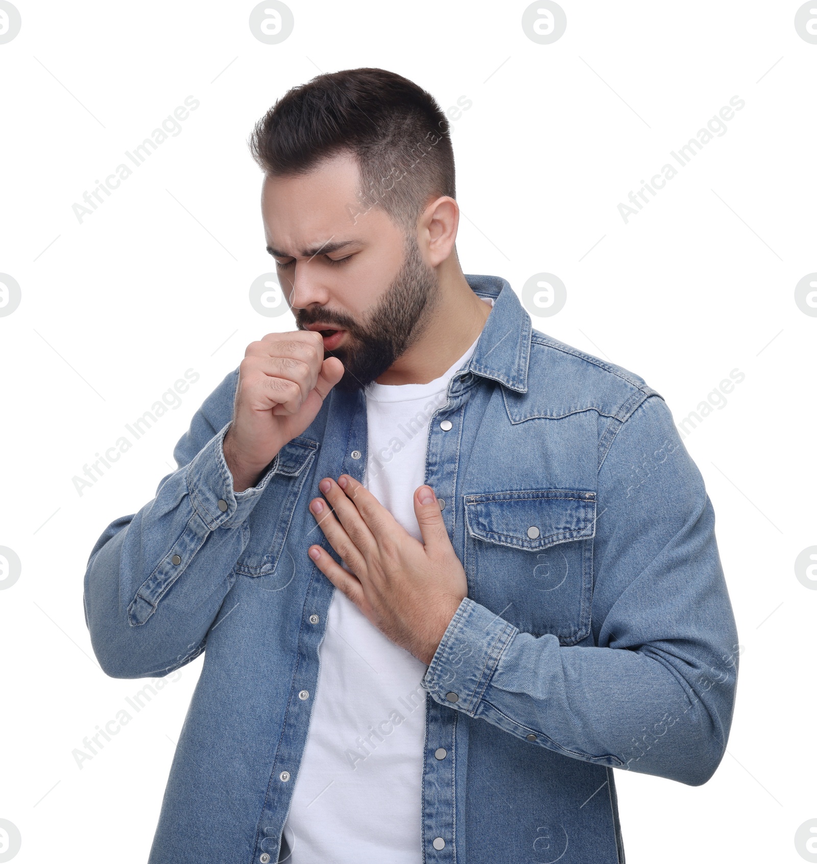 Photo of Sick man coughing on white background. Cold symptoms