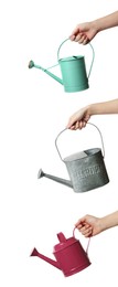 Image of Collage with photoswomen holding different watering cans on white background, closeup. Vertical banner design