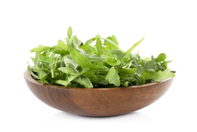 Photo of Delicious fresh arugula in wooden bowl isolated on white