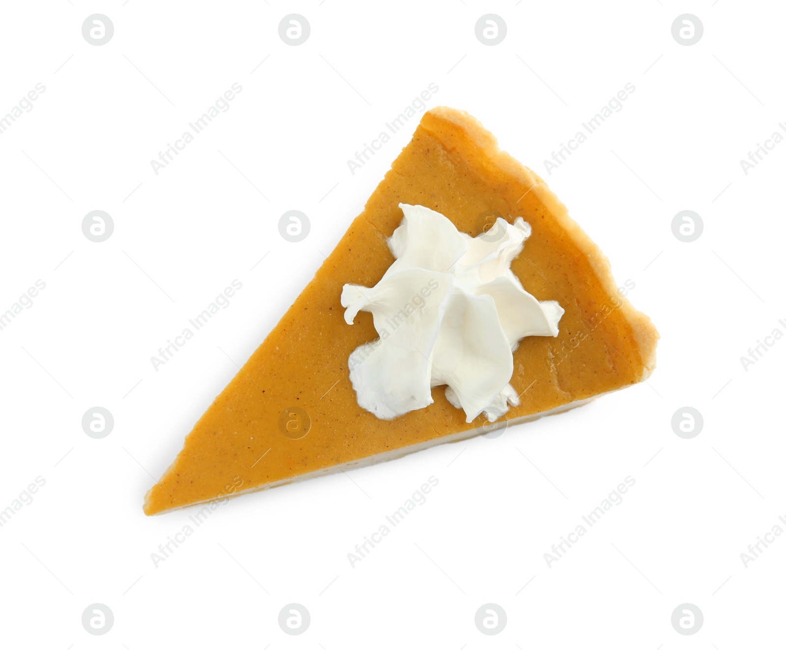 Photo of Piece of delicious pumpkin pie with whipped cream isolated on white, top view