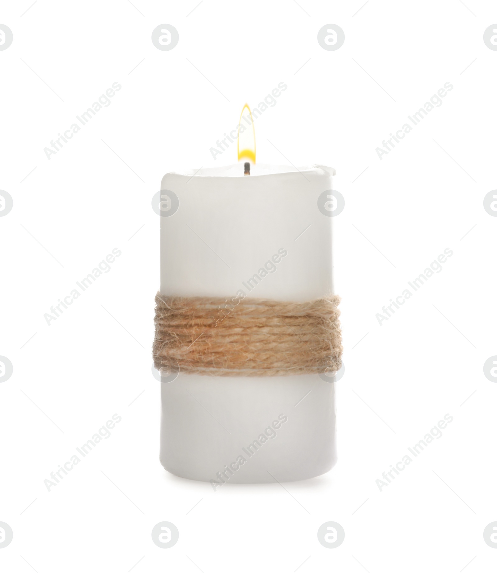 Photo of Wax candle decorated with twine isolated on white