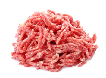 Photo of Fresh raw minced meat on white background