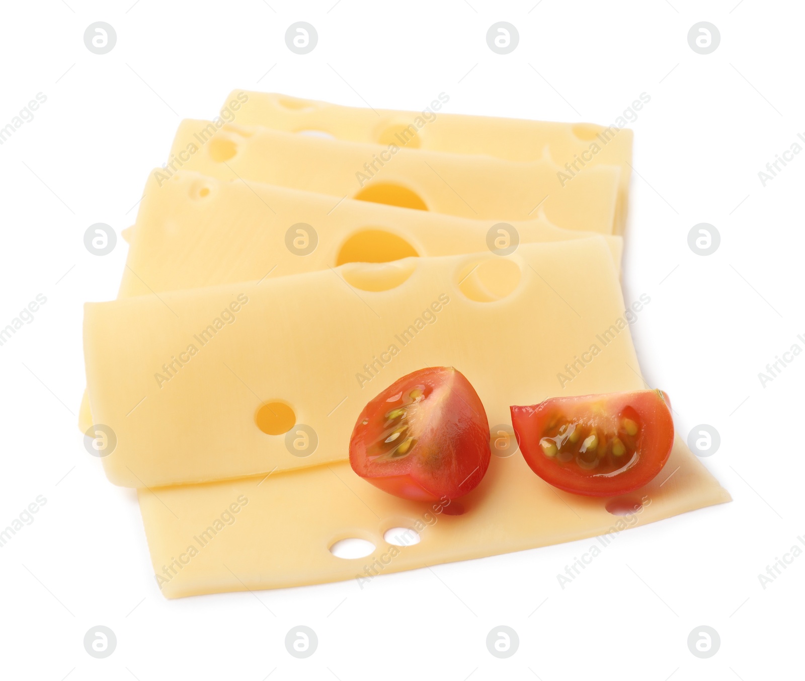 Photo of Slices of tasty fresh cheese and tomatoes isolated on white