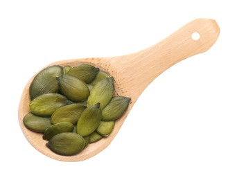 Photo of Wooden spoon with pumpkin seeds isolated on white, top view