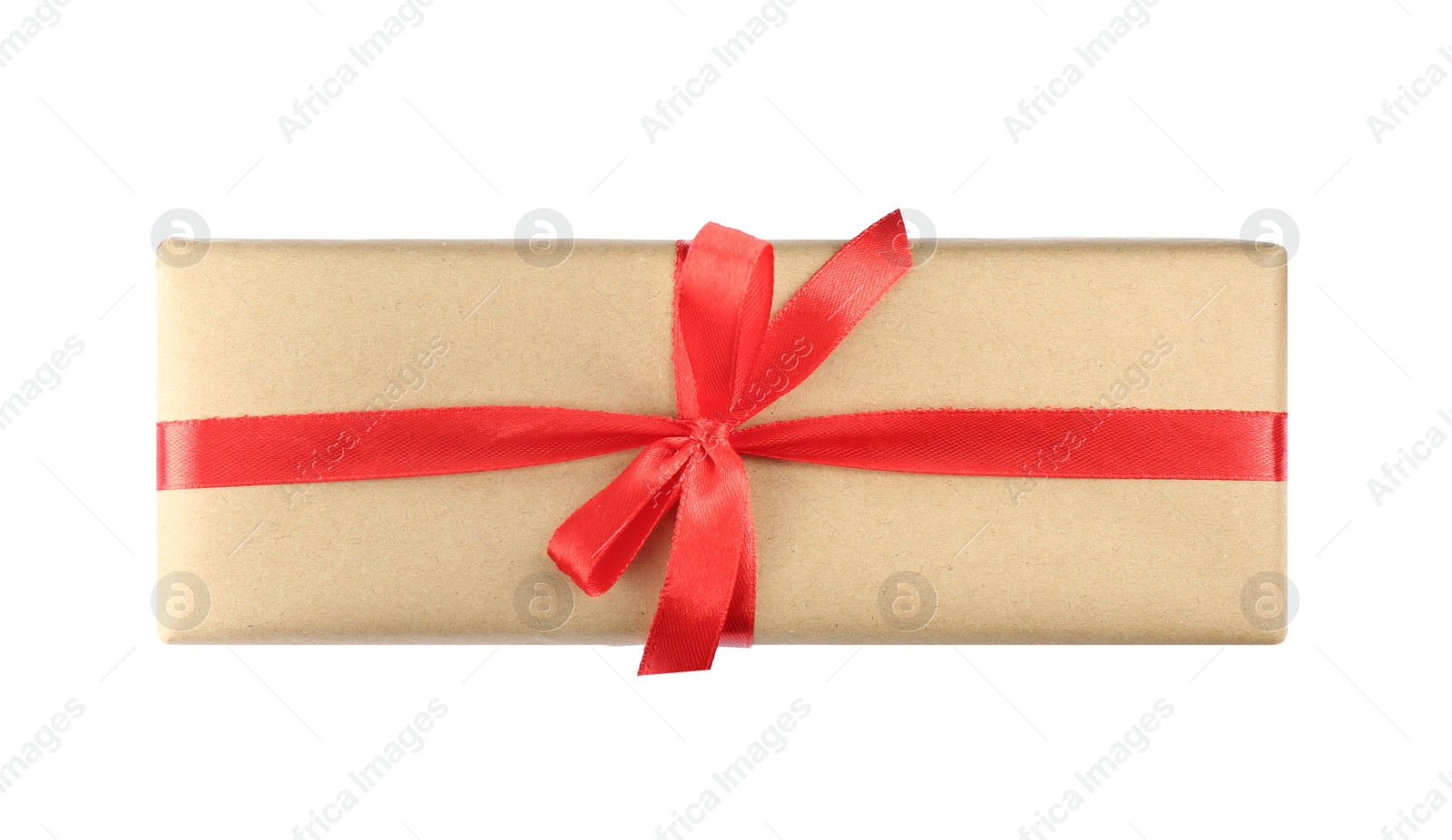 Photo of Beautiful gift box with red bow isolated on white, top view