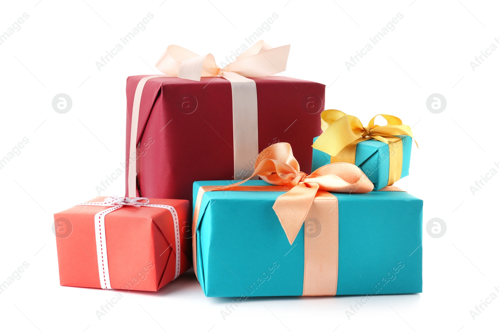 Photo of Beautiful gift boxes with ribbons on white background