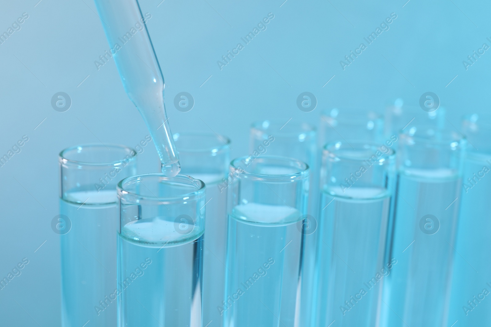 Photo of Laboratory analysis. Dripping reagent into test tube on light blue background, closeup