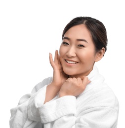 Photo of Portrait of beautiful Asian woman in bathrobe isolated on white. Spa treatment