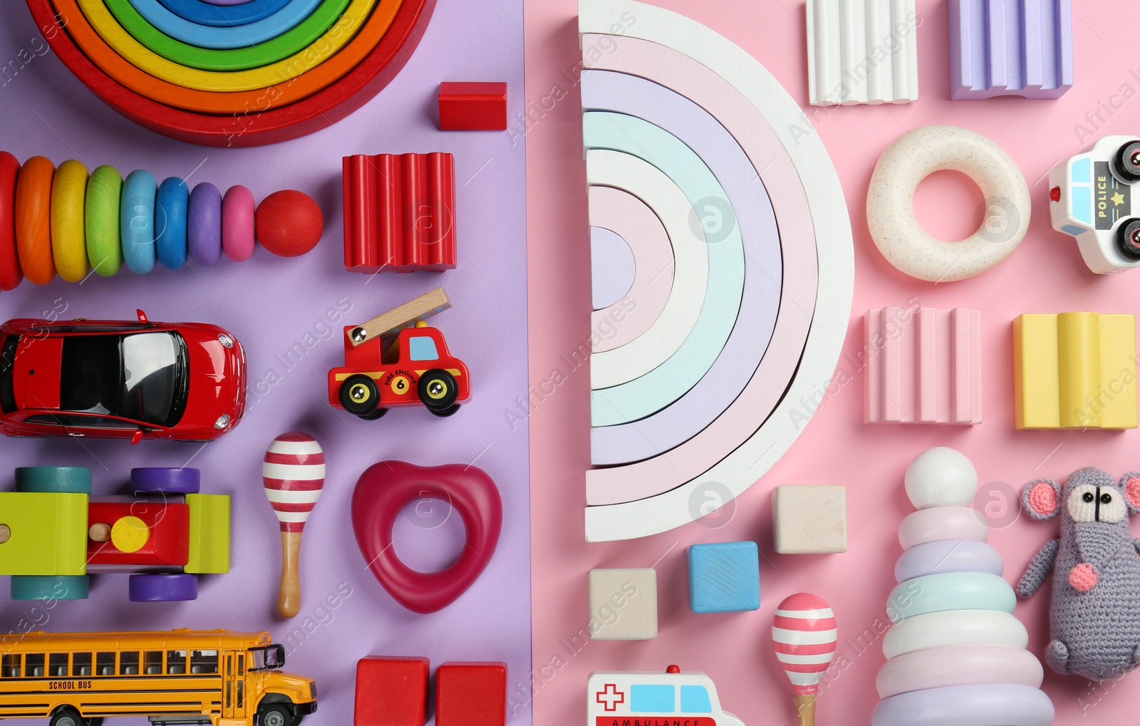 Photo of Different children's toys on color background, flat lay