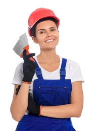 Photo of Professional worker with putty knives in hard hat on white background