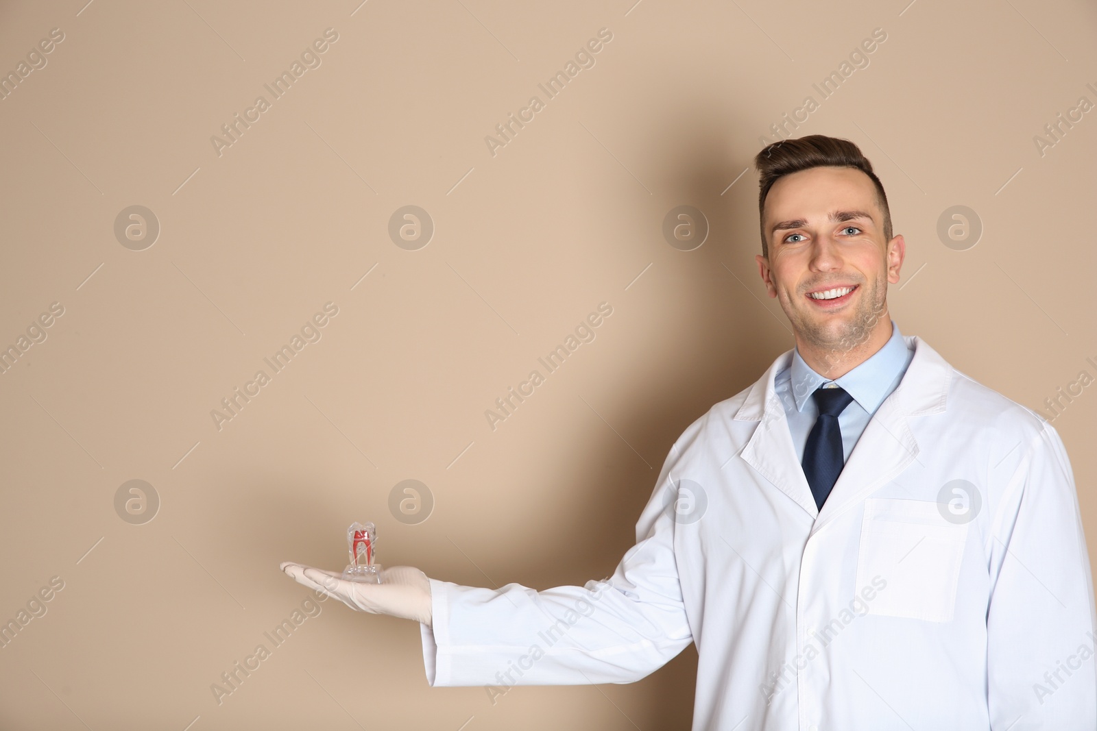 Photo of Male dentist holding tooth model on color background. Space for text